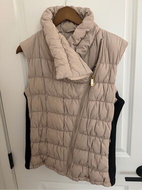 Calvin Klein Quilted Puffer Vest in Taupe with Gold Zip Pull
